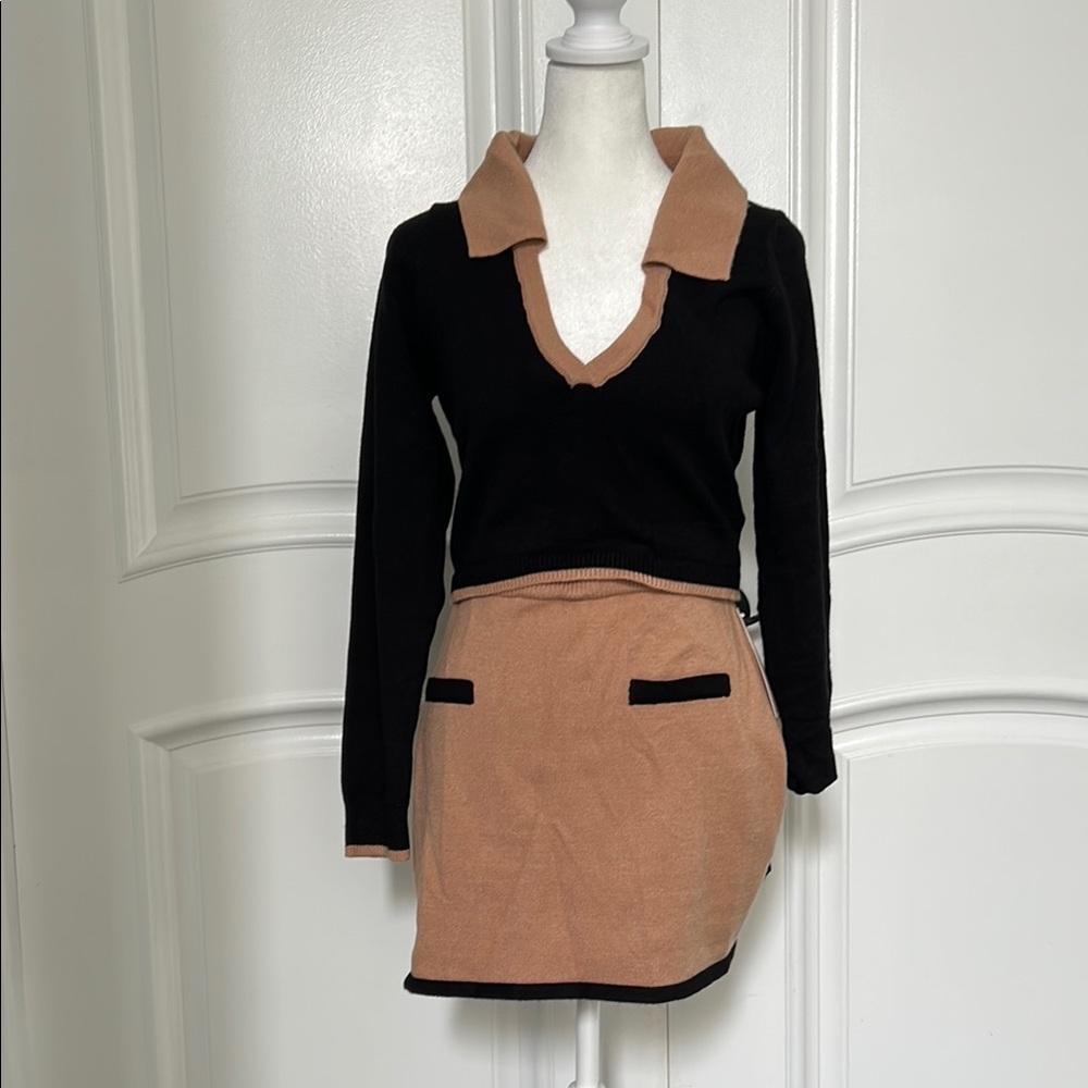 Black and Tan sweater and mini skirt set